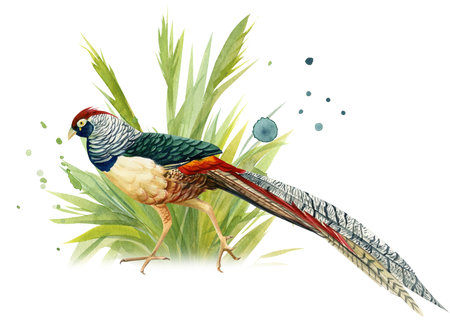 pheasant in the grass on a white background, watercolor illustration, colorful bird, animal...