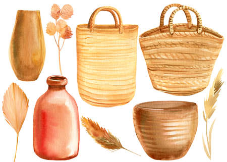 Set of vases, baskets, straw bags, Leaves, plants in a basket on a white background, watercolor illustrationの写真素材