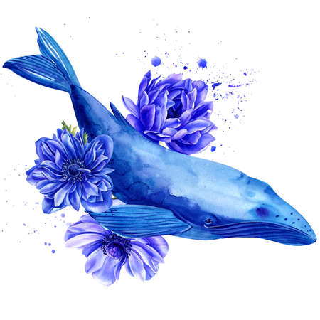 Print whales and anemone flowers. Watercolor illustration. Composition of a marine animal on a white background. High quality illustrationの写真素材