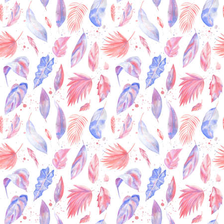 Trendy Seamless patterns from Palm Leaves. Watercolor painting. Pink and purpleの写真素材