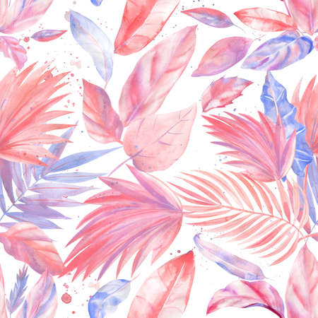 Watercolor pink and lilac color, light lilac, coral color, tropical leaves, Seamless patternsの写真素材