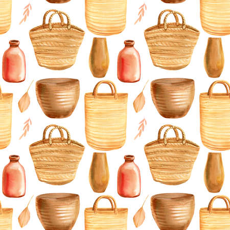 Seamless patterns, basket, vase, bag, straw bag watercolor, isolated white background.の写真素材