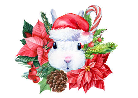 Bunny in a hat. Greeting card. Christmas composition on isolated background, watercolor drawings.の写真素材