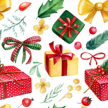 Seamless pattern. Christmas holly leaves, gifts, spruce branches, bows, watercolor illustration.の写真素材