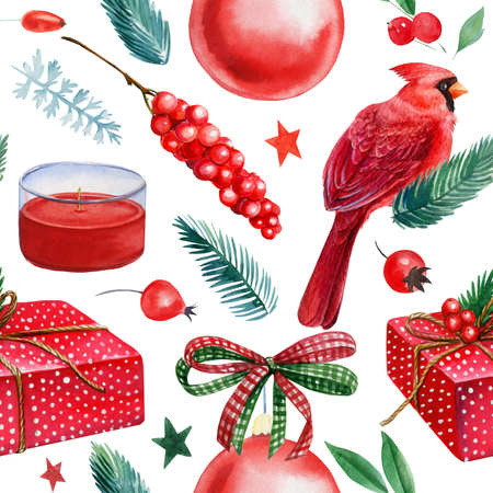 Seamless pattern. Christmas background, red balls, leaves, gifts, spruce branches, bows, watercolor illustration.の写真素材