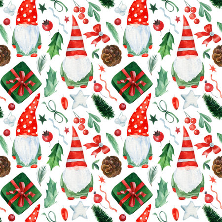 Seamless pattern, Christmas background, Toy Santa, elf, holly, bows. Watercolor drawings