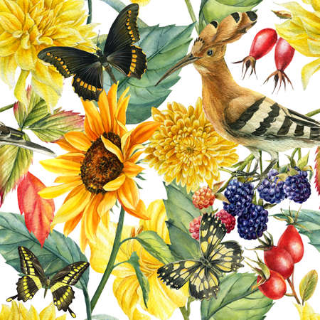 Seamless patterns of chrysanthemum, rose-hip, dahlias, lily, blackberries, bird. watercolor floral backgroundの写真素材