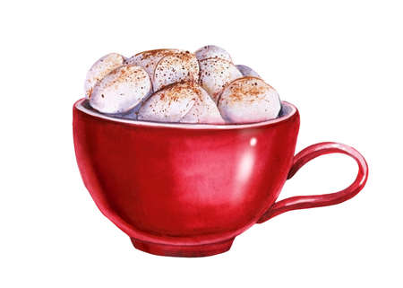 Red cups, hot chocolate on an isolated white background, watercolor illustrationの写真素材