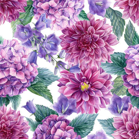 Flowers hydrangea, dahlia, bell, watercolor drawings, floral design, seamless patternの写真素材