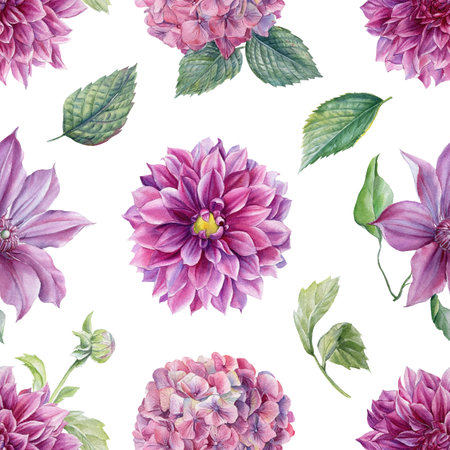 Flowers hydrangea, dahlia, bell, watercolor drawings, floral design, seamless patternの写真素材