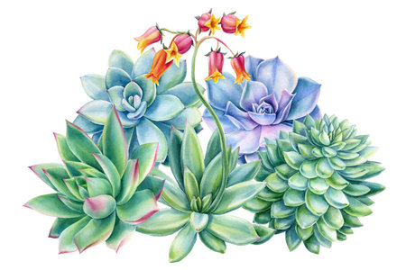 Composition of succulents, echeveria on white background, watercolor botanical illustration, greeting cardの写真素材