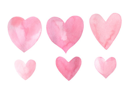 Set of pink hearts on isolated white background, watercolor illustrationの写真素材