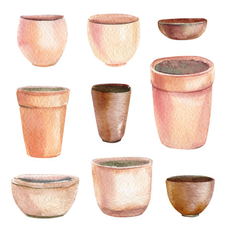 Set of pots on isolated white background, watercolor illustrationの写真素材