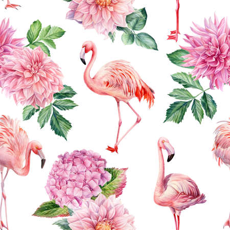 Watercolor seamless pattern. Pink flamingo and flowers isolated background, watercolor illustration.の写真素材