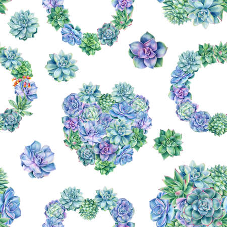 Succulents seamless pattern, watercolor illustration, digital paperの写真素材