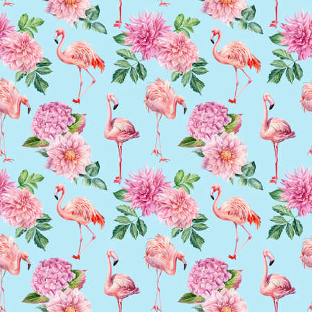 Flamingo seamless pattern. Pink flamingo and flowers isolated background, tropical bird watercolorの写真素材
