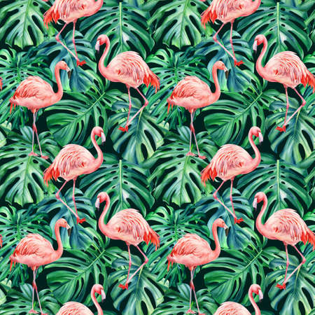 Watercolor tropical seamless pattern with pink flamingo and palm leaves, monstera leaf. Jungle designの写真素材