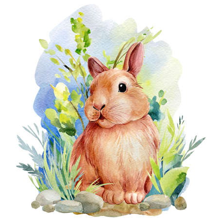 Easter rabbit and grass, watercolor clipart, cute bunnyの写真素材