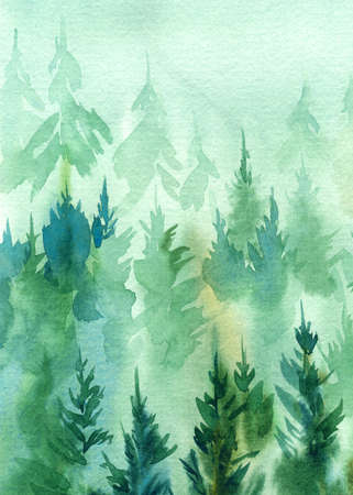 Beautiful green forest, watercolor illustrationの写真素材