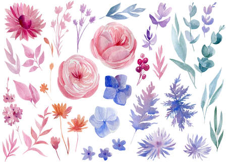 Watercolor abstract flowers on isolated on white background, hand painted floral bouquetsの写真素材