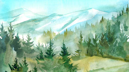 Watercolor painting landscape, mountains in fogの写真素材