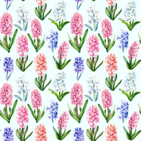 Floral seamless pattern of spring flowers on an isolated background, watercolor hyacinths.の写真素材