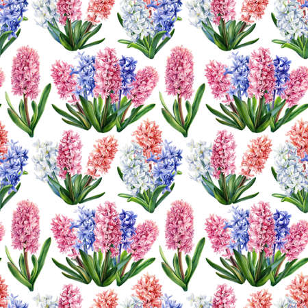 Floral seamless pattern of spring flowers on an isolated background, watercolor hyacinths.の写真素材
