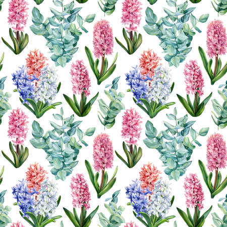 Floral seamless pattern of spring flowers on an isolated background, watercolor hyacinths, eucalyptus.の写真素材