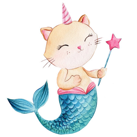 Mermaid cat on isolated white background. Watercolor drawing, childrens illustration, cat unicornの写真素材