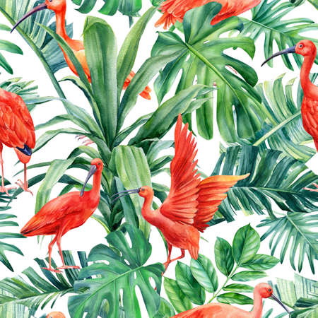 Tropical palm leaves and ibis birds on an isolated background. Watercolor illustration, seamless patternの写真素材