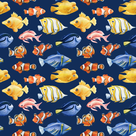 Watercolor seamless pattern, Tropical fish on an isolated background.