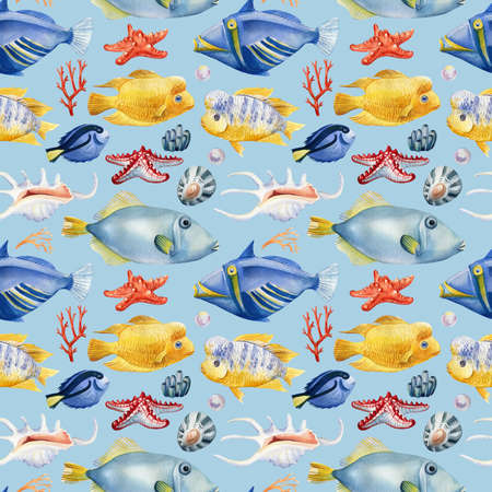 Tropical fish, coral, seashells, seahorse and fish on an isolated background. Watercolor illustration, seamless patternの写真素材