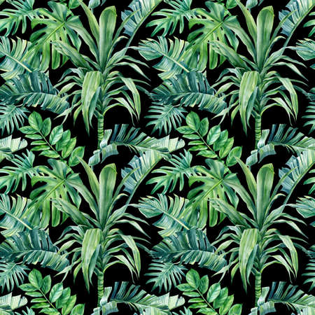 Tropical palm leaves on an isolated background. Watercolor illustration, seamless patternの写真素材