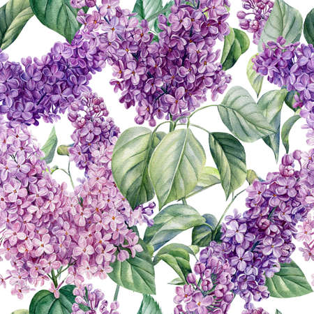 Seamless pattern. Hand-drawn lilac flowers. Watercolor illustration, digital paper.の写真素材