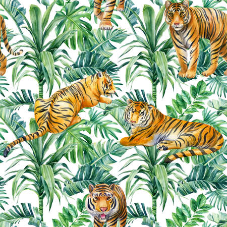 Tigers and palms. Wild animals on a tropical background. Watercolor illustration, Seamless patternの写真素材