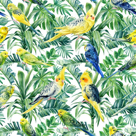 Wild tropical birds parrots and palms. Watercolor illustration, Seamless patternの写真素材