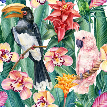 Birds toucan, cockatoo and flowers, watercolor illustration, seamless pattern, Tropical background,の写真素材