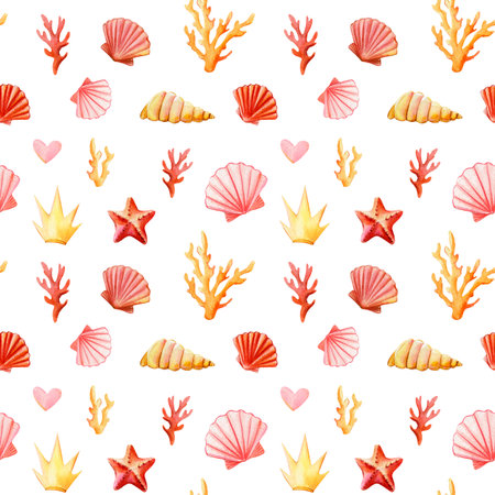 Sea Seamless pattern, background with seashells, Seastar and corals, watercolor drawingの写真素材