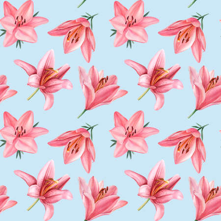 Lilies on an isolated blue background. Watercolor painting Floral seamless patterns. Lily flowerの写真素材