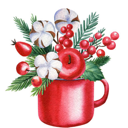 Holiday composition with a red cup, spruce branches, red berries and apple, hand drawn watercolor painting,の写真素材