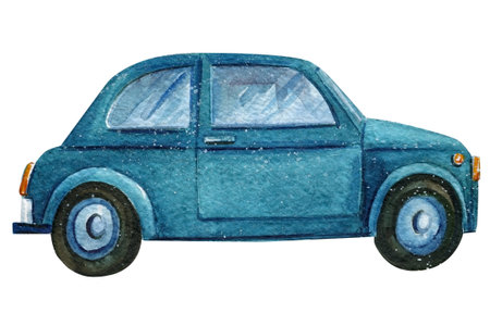Blue car watercolor hand drawing on a white background. Vintage styleの写真素材