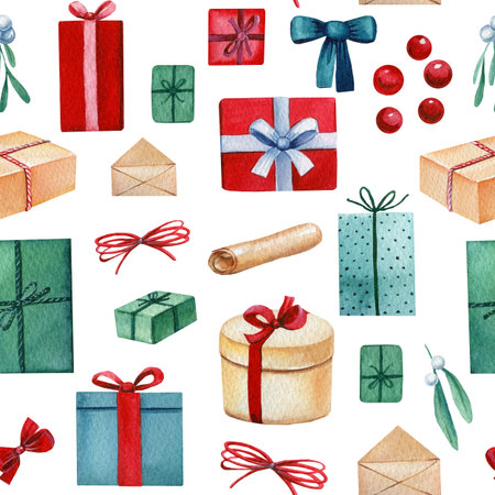 Gifts, Winter holidays seamless pattern, Christmas background, digital paper
