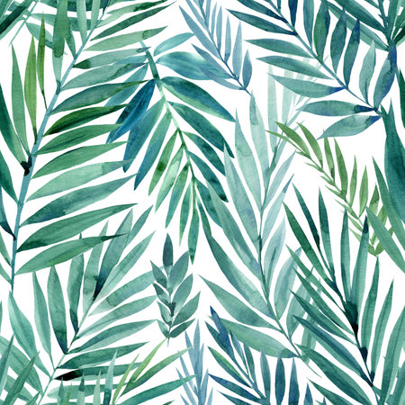 Seamless pattern of green tropical leaves, watercolor illustration, jungle designの写真素材