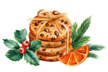 Cookies with chocolate. watercolor illustrations, for your festive projects, greeting cards. Christmas sweetsの写真素材