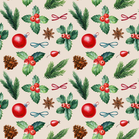 Christmas and new year seamless pattern, watercolor illustrations
