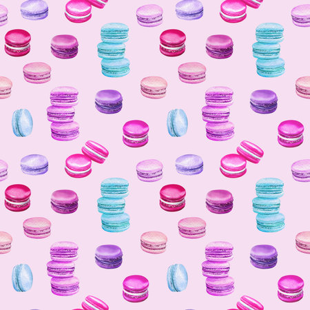 macaroon, sweets pink seamless pattern, watercolor illustrationsの写真素材