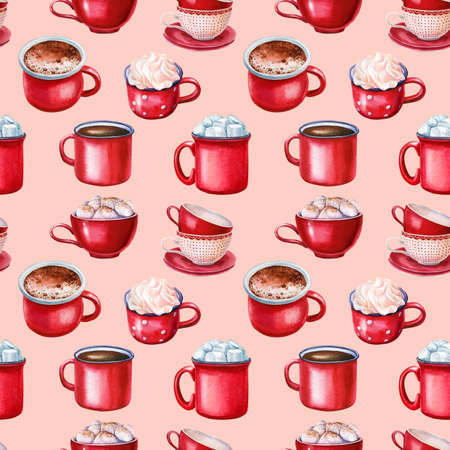 red cup, watercolor illustrations hot drinks, seamless patternの写真素材