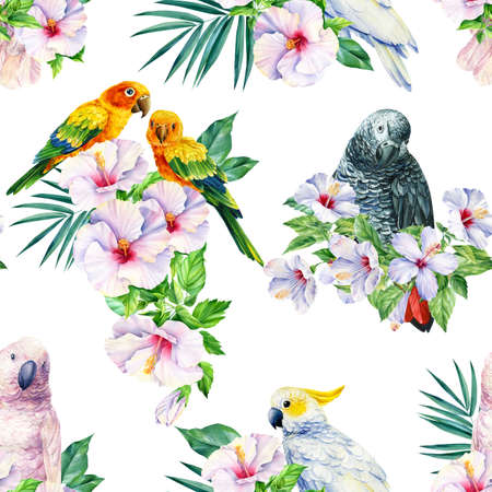 Watercolor tropical seamless pattern with colorful parrots, exotic flowers, palm leaves. Floral design, jungle plantsの写真素材