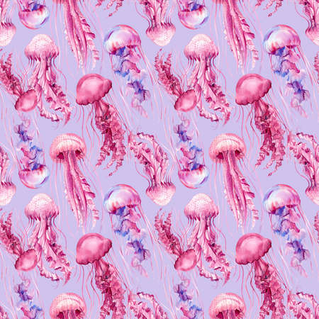 Seamless pattern with jellyfish. violet background. watercolor illustrationの写真素材