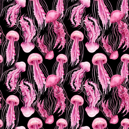 Seamless pattern with jellyfish. Marine background. watercolor illustration. Black background